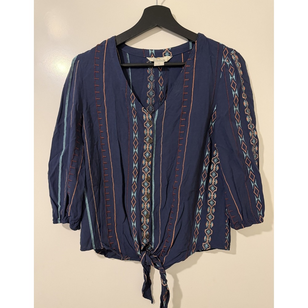 Bob Timberlake Womens Navy Blue Embroidered Boho Tie Front Top Size M Bass Pro